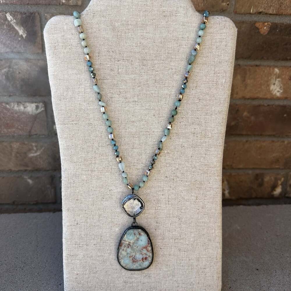 Handmade Boho Natural Stone Bead Turquoise Soldered Pendant Necklace Western